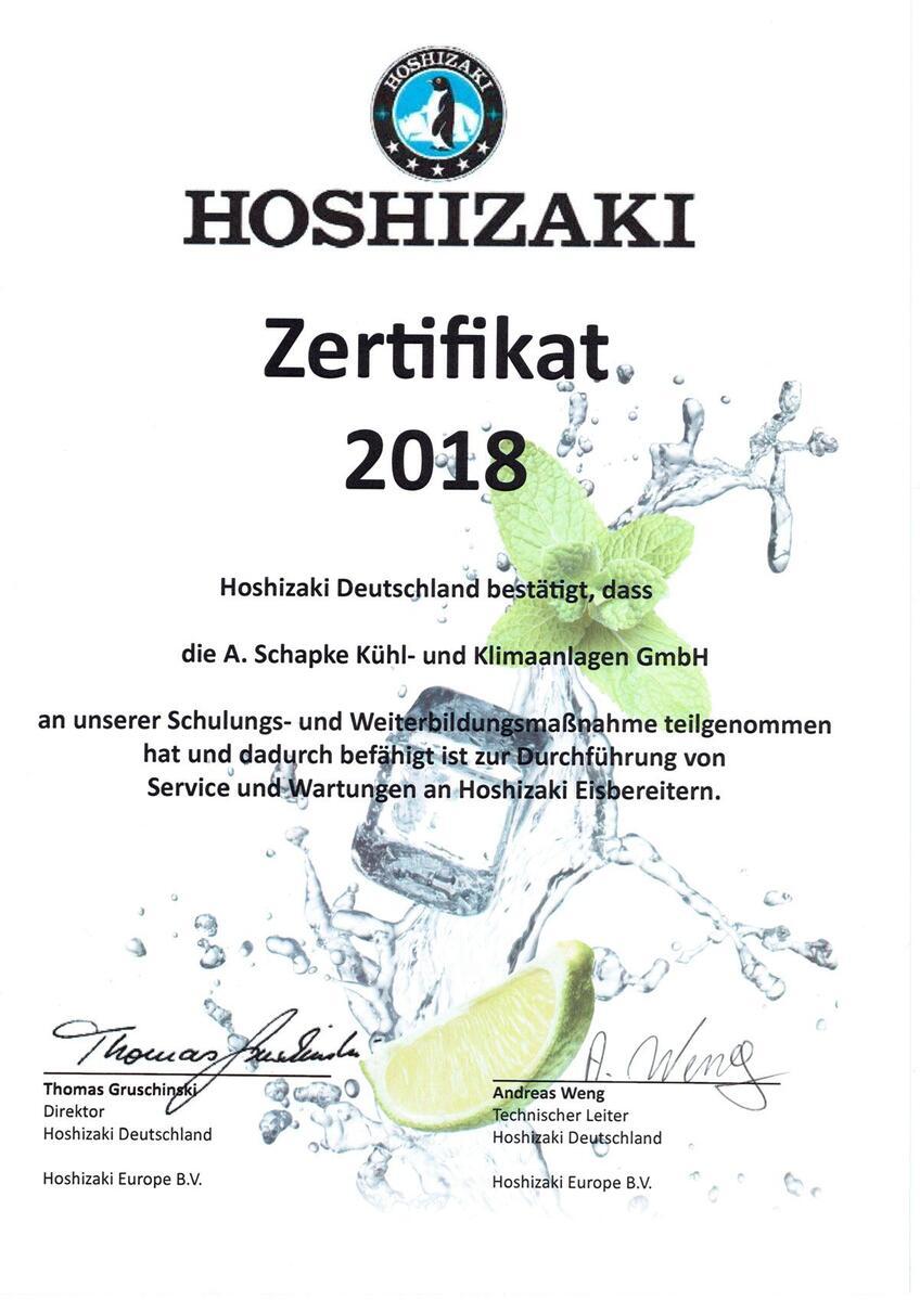 Hoshizaki Zertifikat