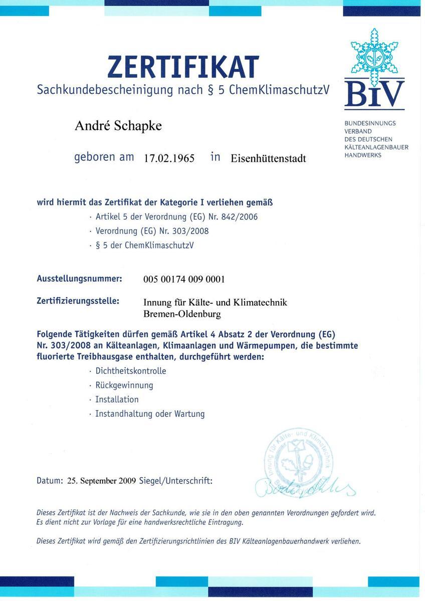 Sachkundebescheinigung nach §5 CHEMKlimaschutzV